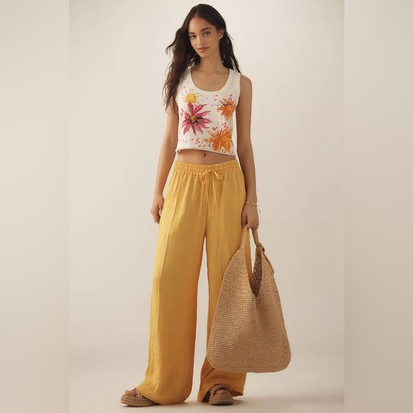 NWT! Anthropologie Golden Yellow Textured Satin Pull-On Pants - Size XS 🎃 - Picture 2 of 6